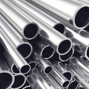 Heap of shiny metal steel pipes with selective focus effect, 3d illustration